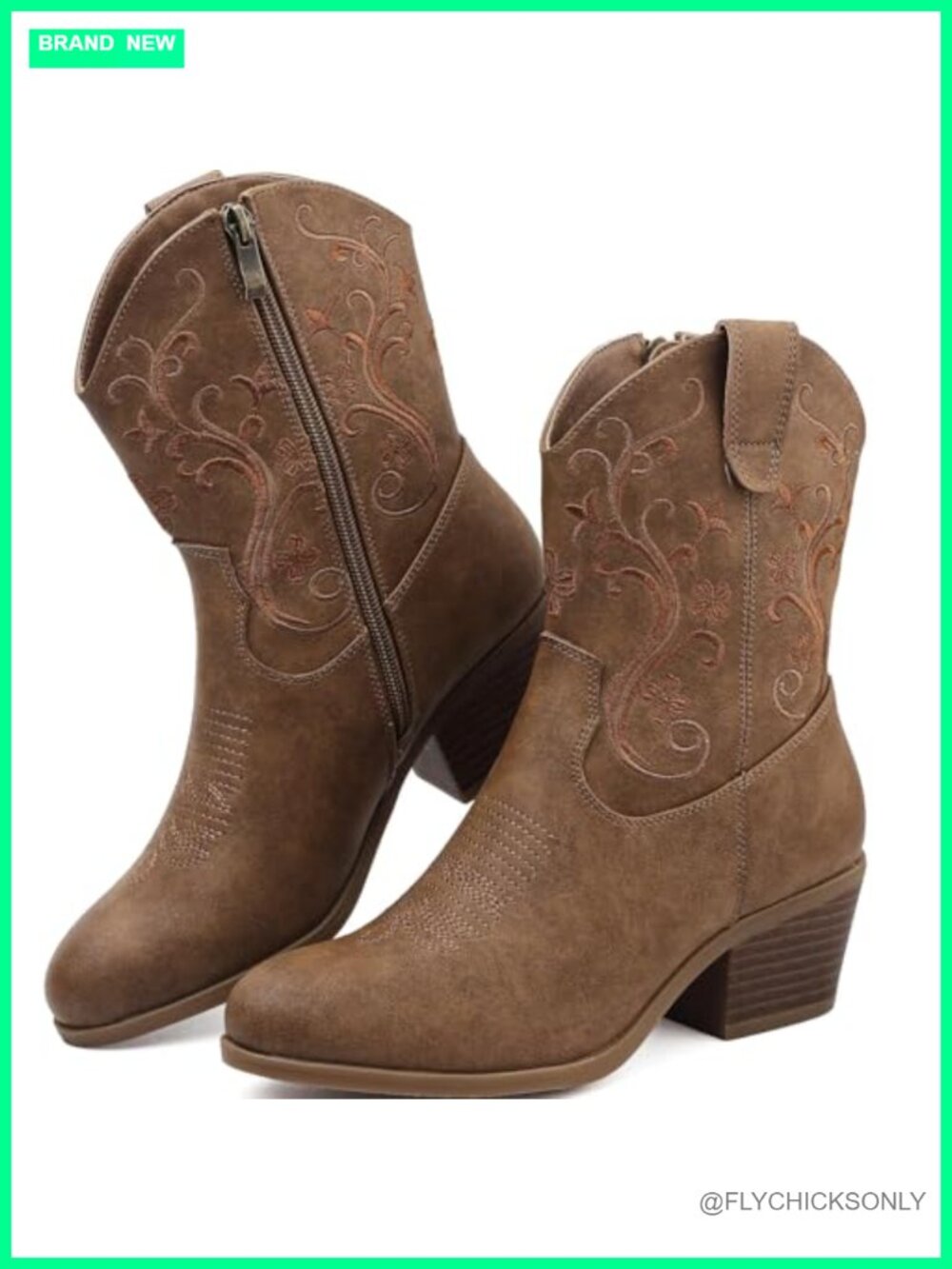 Faux Leather Embroidered Western Cowboy Ankle Booties Side Zip Block Heel